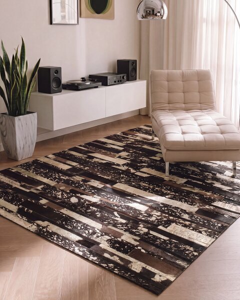 Koberec hnedý kožený 160 x 230 cm pravá hovädzia koža ručne vyrobený so zlatou potlačou