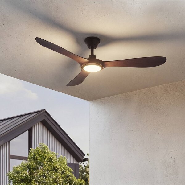 Lucande Vonkajší stropný ventilátor LED Winrod, tmavé drevo, stmievateľné, Tmavé drevo, Plast, Moderný