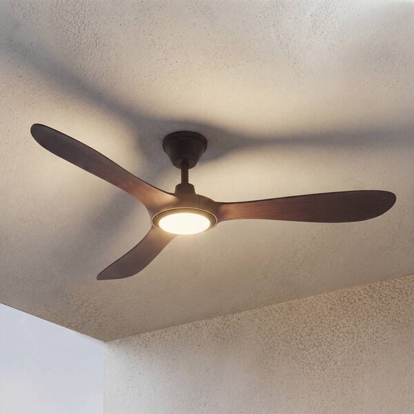 Lucande Vonkajší stropný ventilátor LED Winrod, tmavé drevo, stmievateľné, Tmavé drevo, Plast, Moderný