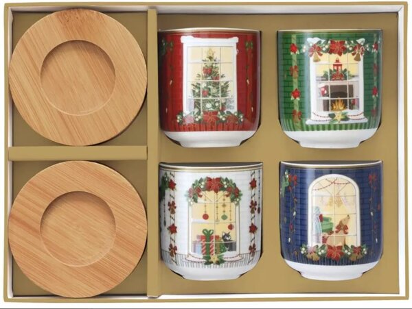 FEDORA Home Set pre 4 osoby - porcelánový hrnček espresso s bambusovým tanierikom, 110ml, Coffee Mania Festive Avenue