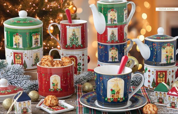 FEDORA Home Set pre 4 osoby - porcelánový hrnček espresso s bambusovým tanierikom, 110ml, Coffee Mania Festive Avenue
