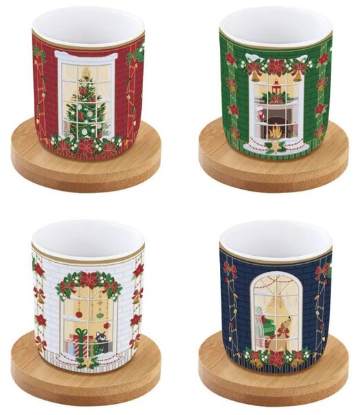 FEDORA Home Set pre 4 osoby - porcelánový hrnček espresso s bambusovým tanierikom, 110ml, Coffee Mania Festive Avenue