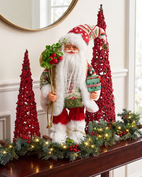 Dekoratívna figúrka červená a zelená látka syntetický materiál vianočná dekorácia Santa Claus Mikuláš ozdoba