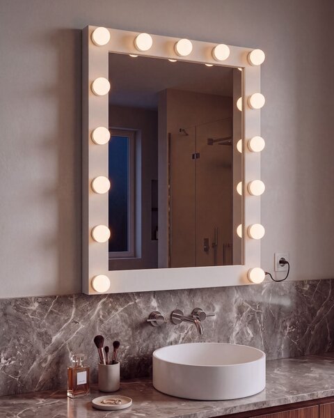 Nástenné kozmetické zrkadlo s LED svetlom biele 50 x 60 cm obdĺžnikový tvar hollywoodske so žiarovkami toaletný stolík glamour štýl