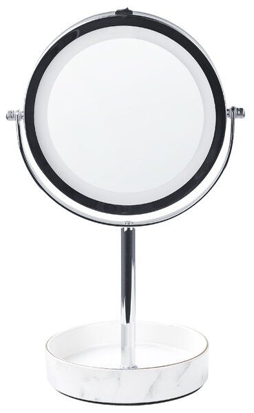 Kozmetické zrkadlo strieborná biela železný kovový rám ø 20 cm keramický stojan s LED svetlom 1x/5x zväčšovacie sklo obojstranné
