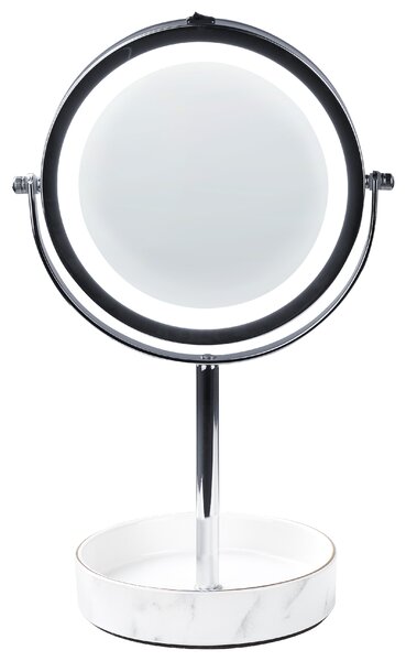 Kozmetické zrkadlo strieborná biela železný kovový rám ø 20 cm keramický stojan s LED svetlom 1x/5x zväčšovacie sklo obojstranné