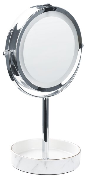 Kozmetické zrkadlo strieborná biela železný kovový rám ø 20 cm keramický stojan s LED svetlom 1x/5x zväčšovacie sklo obojstranné