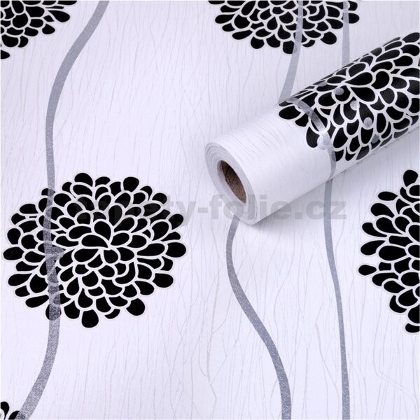 Samolepiace tapety 45 cm x 10 m IMPOL TRADE 9073, čierne kvety so striebornými vlnovkami, Samolepiace tapety