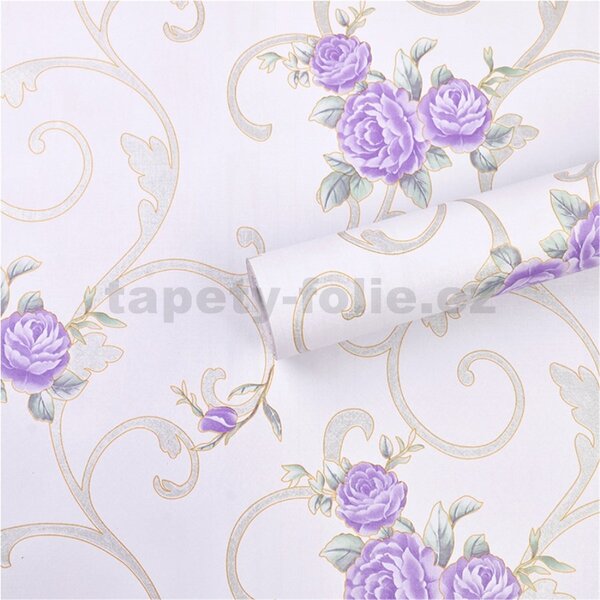Samolepiace tapety 45 cm x 10 m IMPOL TRADE 9185, fialové pivonky s ornamentami, Samolepiace tapety