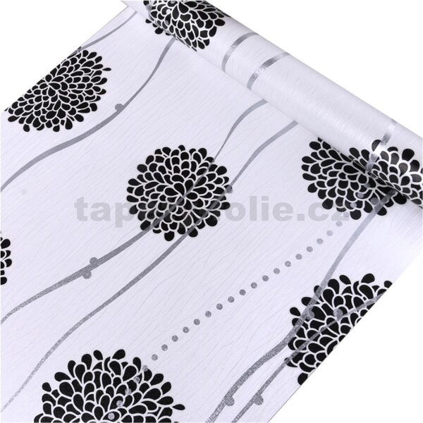 Samolepiace tapety 45 cm x 10 m IMPOL TRADE 9073, čierne kvety so striebornými vlnovkami, Samolepiace tapety
