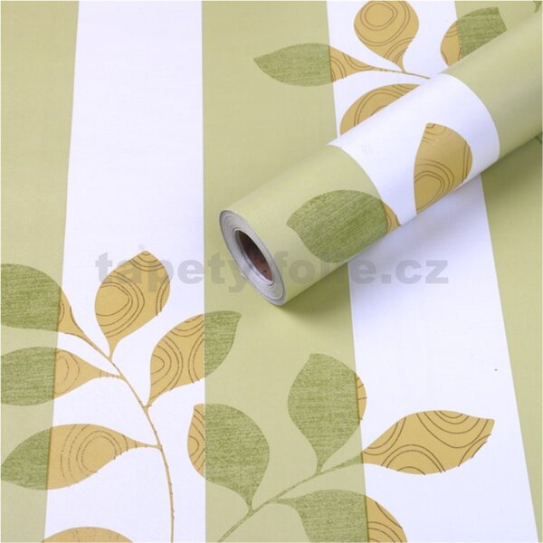 Samolepiace tapety 45 cm x 10 m IMPOL TRADE 9092, pruhy bielo-zelené s vetvičkami, Samolepiace tapety