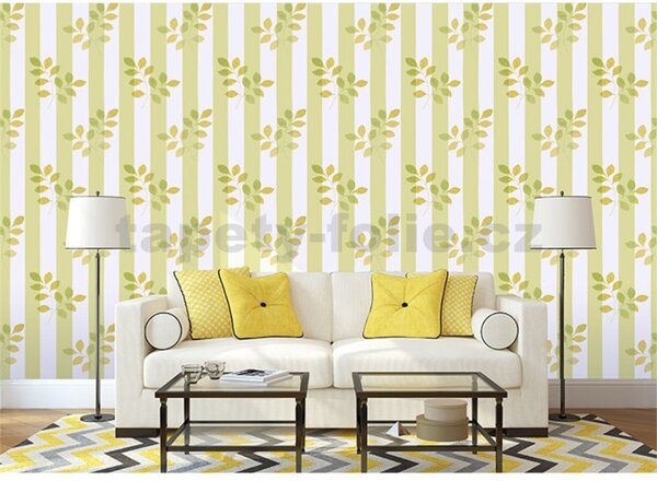 Samolepiace tapety 45 cm x 10 m IMPOL TRADE 9092, pruhy bielo-zelené s vetvičkami, Samolepiace tapety