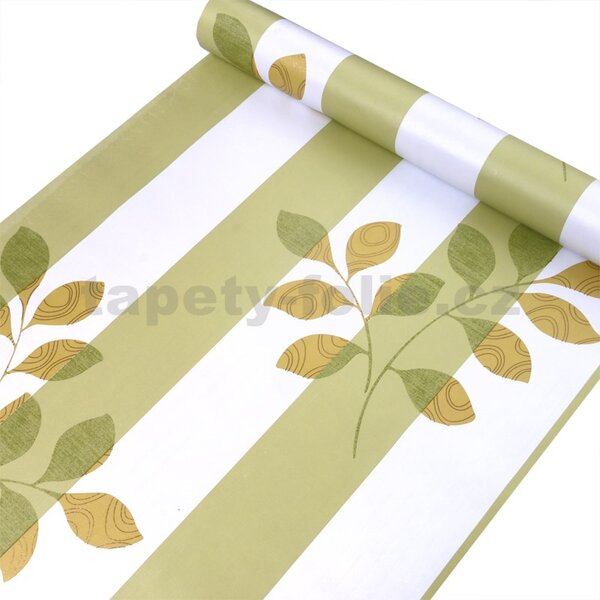 Samolepiace tapety 45 cm x 10 m IMPOL TRADE 9092, pruhy bielo-zelené s vetvičkami, Samolepiace tapety