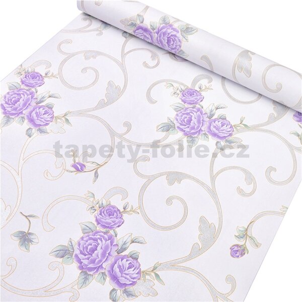 Samolepiace tapety 45 cm x 10 m IMPOL TRADE 9185, fialové pivonky s ornamentami, Samolepiace tapety
