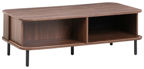 Konferenčný stolík tmavohnedý čierne nohy MDF kov 120 x 60 retro štýl posuvné dvierka úložný priestor obývacia izba