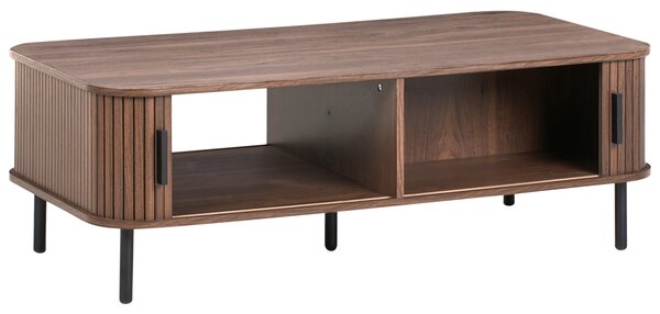 Konferenčný stolík tmavohnedý čierne nohy MDF kov 120 x 60 retro štýl posuvné dvierka úložný priestor obývacia izba