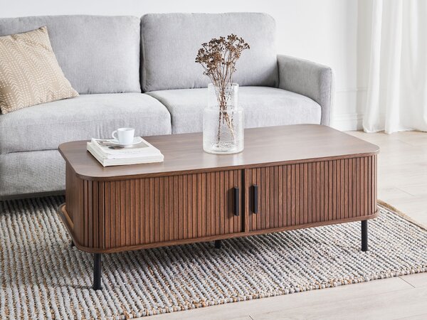 Konferenčný stolík tmavohnedý čierne nohy MDF kov 120 x 60 retro štýl posuvné dvierka úložný priestor obývacia izba