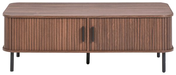 Konferenčný stolík tmavohnedý čierne nohy MDF kov 120 x 60 retro štýl posuvné dvierka úložný priestor obývacia izba