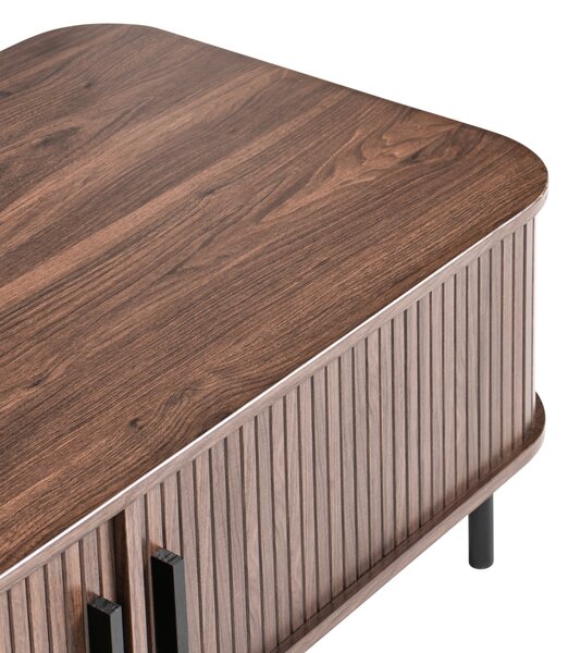 Konferenčný stolík tmavohnedý čierne nohy MDF kov 120 x 60 retro štýl posuvné dvierka úložný priestor obývacia izba