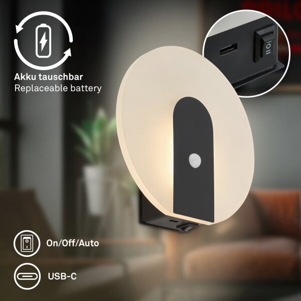 Briloner 3889015 - LED nabíjacie nástenné svietidlo so senzorom TARO LED/2,5W/5V 1800 mAh čierne