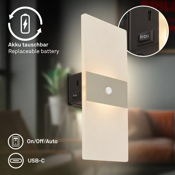 Briloner 3888012 - Nabíjateľné nástenné LED svietidlo AURA so senzorom, 2,5 W / 5 V, 1800 mAh, matné