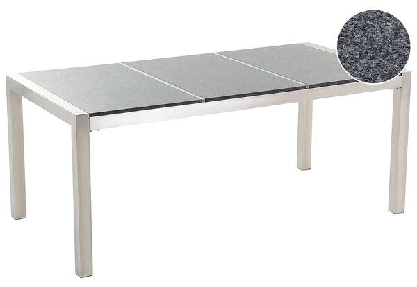 Záhradný jedálenský stôl sivá trojdielna žulová doska 180 x 90 cm pre 6 osôb strieborné nohy z nehrdzavejúcej ocele