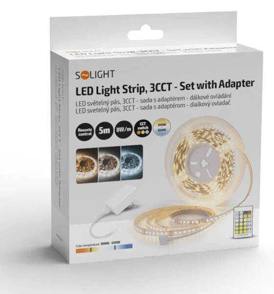 SOLIGHT LED svetelný pás 3CCT 5m sada s 12V adaptérom a diaľk. ovládačom 7.2W/m IP20