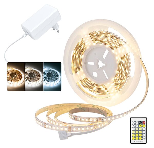 SOLIGHT LED svetelný pás 3CCT 5m sada s 12V adaptérom a diaľk. ovládačom 7.2W/m IP20