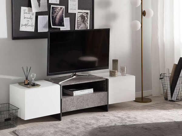 TV stolík biela sivá betónový efekt MDF kov úložný priestor 2 skrinky zásuvka polica industriálny štýl obývačka