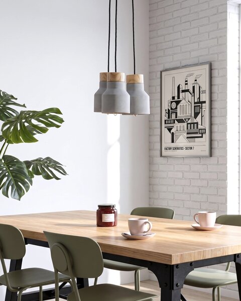Závesná lampa zo sivého betónu a dreva s 3 lampami v priemyselnom štýle v tvare zvona