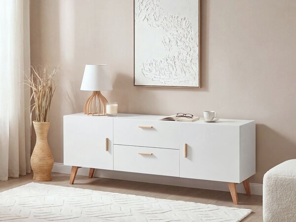 Príborník biela MDF doska dubové drevo 70 x 160 x 42 cm Retro minimalistický S nohami z bukového dreva Veľa úložného priestoru Elegantné obývacia izba