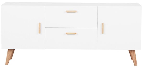 Príborník biela MDF doska dubové drevo 70 x 160 x 42 cm Retro minimalistický S nohami z bukového dreva Veľa úložného priestoru Elegantné obývacia izba