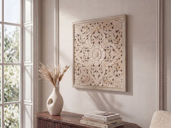 Nástenná dekorácia svetlé drevo biela MDF 60 x 60 cm štvorcový tvar ornamenty moderný štýl dekorácie doplnky