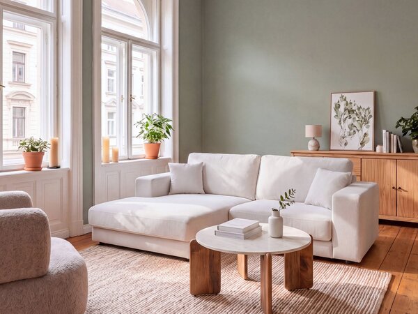 Rohová pohovka 3-miestna krémová biela čalúnená pravý roh bočné opierky extra vankúše minimalistický moderný štýl