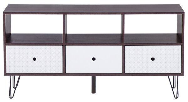 TV stolík tmavé drevo biela 120 x 35 cm na nožičkách úložný priestor 3 police 3 zásuvky moderný retro štýl obývačka spálňa