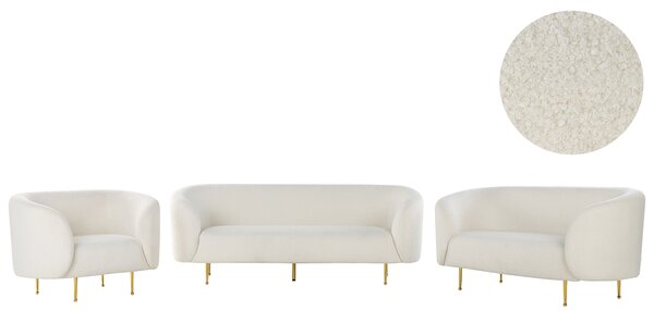 Sedacia súprava biela buklé čalúnenie zlaté nohy zaoblené operadlo 3-miestna pohovka 2 kreslá retro glamour art deco štýl