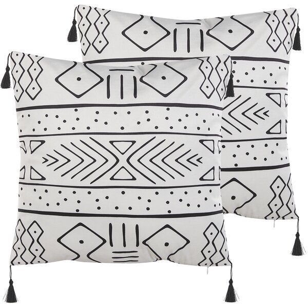 Sada 2 dekoratívnych vankúšov čierna biela zamat 45 x 45 cm geometrický vzor so strapcami štvorcový tvar boho moderný štýl doplnky