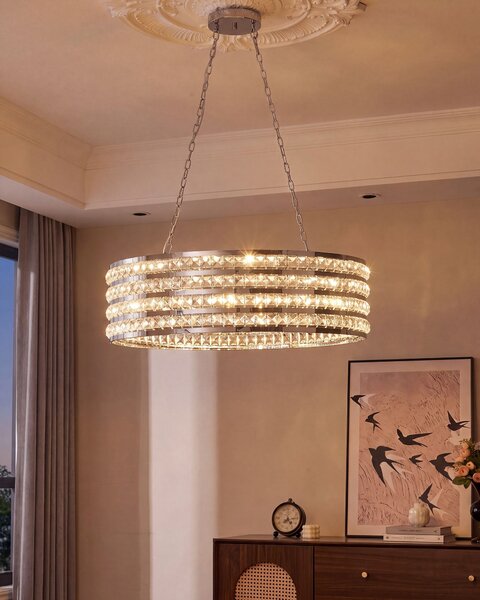 Závesná lampa strieborná kov krištáľ oválny tvar 108 cm chromovaný povrch moderný glamour štýl obývačka