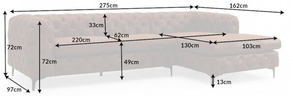 Dizajnová rohová sedačka Rococo 275 cm antik hnedá - pravá