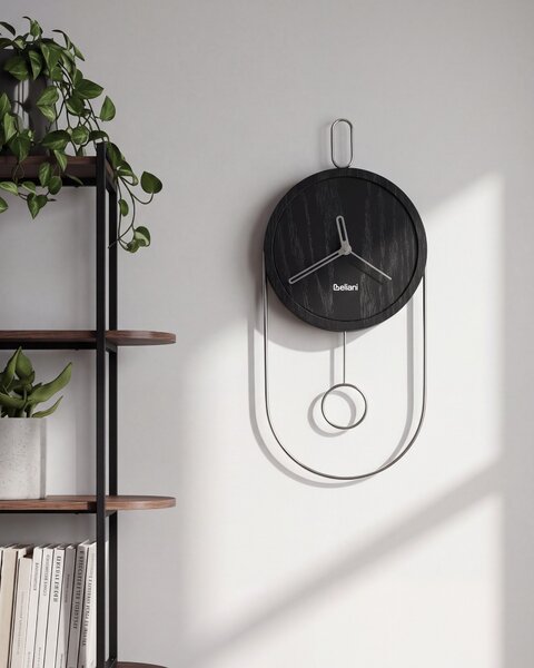 Nástenné hodiny čierna MDF kov 20 x 45 cm dizajn bez čísel s kyvadlom moderný štýl obývacia izba doplnky