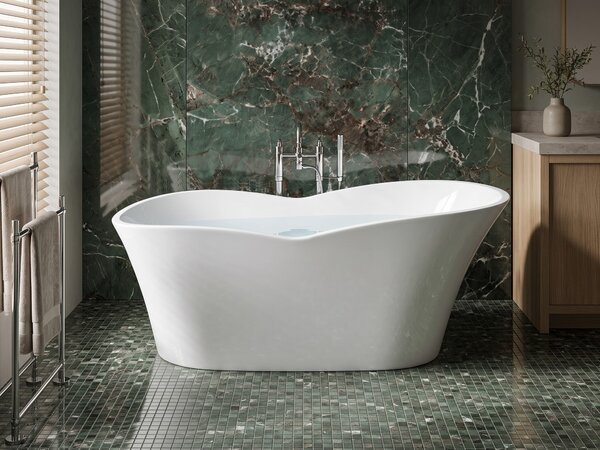 Voľne stojaca vaňa biela lesklá sanitárny akrylát 170 x 80 cm pre jednu osobu oválna moderný minimalistický dizajn
