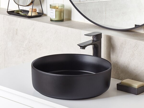 Kúpeľňové umývadlo na dosku čierne keramické okrúhle ⌀ 36 cm moderná kúpeľňa