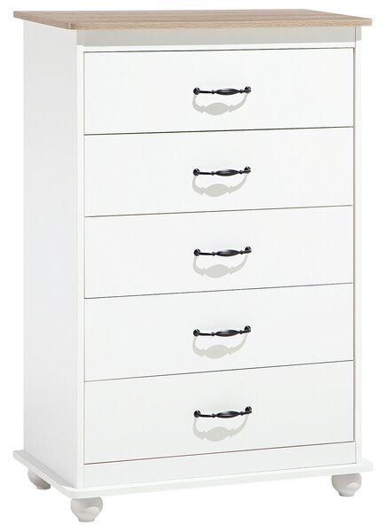 Komoda biela drevotrieska drevo hliník melamínový povrch 117 x 76 x 39 cm úložný priestor 5 zásuviek rustikálny štýl obývačka spálňa