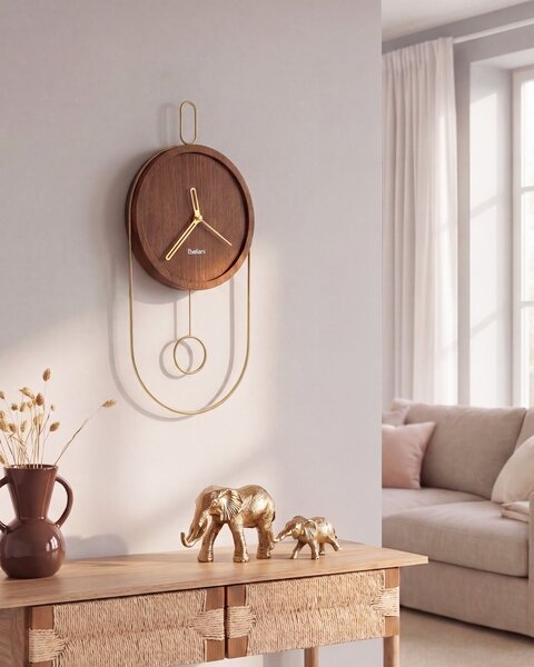 Nástenné hodiny tmavé drevo MDF kov 20 x 45 cm dizajn bez čísel s kyvadlom moderný štýl obývacia izba doplnky