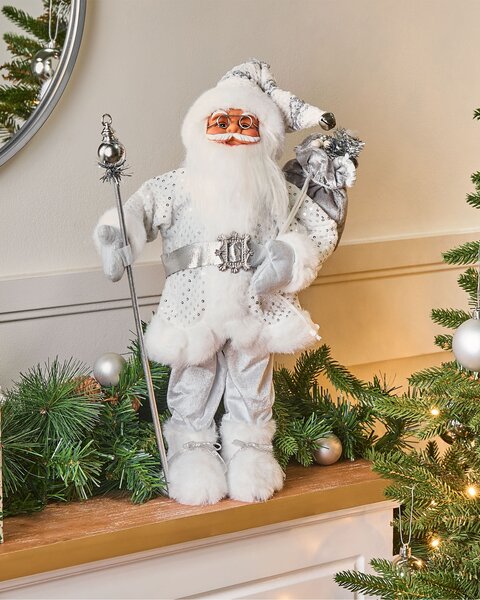 Dekoratívna figúrka strieborná látka syntetický materiál vianočná dekorácia Santa Claus Mikuláš ozdoba