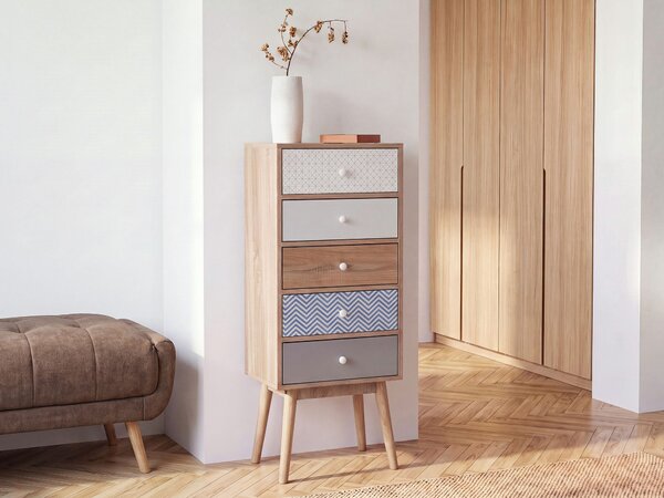 Komoda svetlé drevo viacfarebná MDF matný maľovaný povrch 112 x 40 cm úložný priestor 5 zásuviek moderný vintage štýl obývačka spálňa