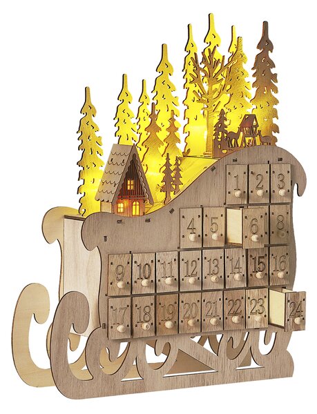 Vianočná dekorácia svetlohnedá topoľové drevo LED svetelné sane adventný kalendár škandinávska dekorácia
