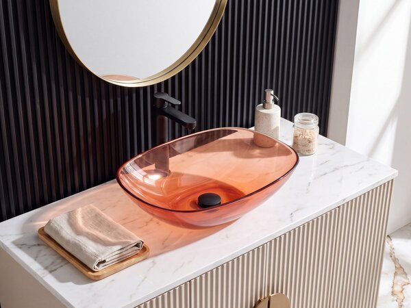 Umývadlo na dosku červené priehľadné z materiálu solid surface 54 x 36 cm moderná kúpeľňa