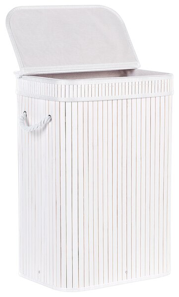 Kôš na bielizeň biely bambusové drevo polyester s odnímateľným vekom a rukoväťami moderný dizajn viacúčelový