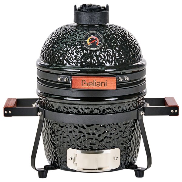 Mini gril na drevené uhlie čierny keramika gril typu Kamado s vekom a teplomerom a roštom na varenie moderný štýl záhrada